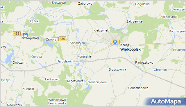 mapa Kiełczyn gmina Książ Wielkopolski, Kiełczyn gmina Książ Wielkopolski na mapie Targeo