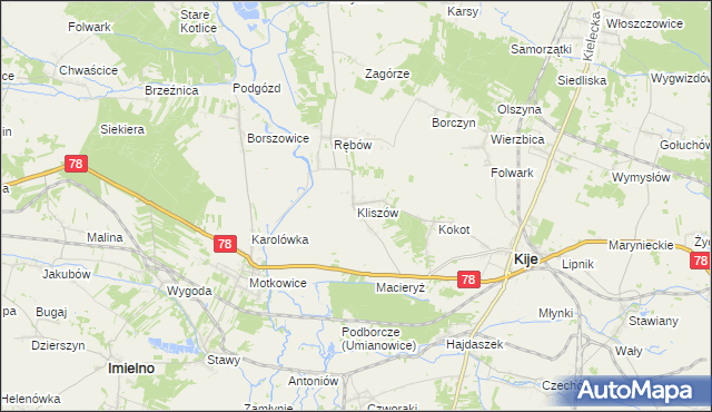 mapa Kliszów gmina Kije, Kliszów gmina Kije na mapie Targeo