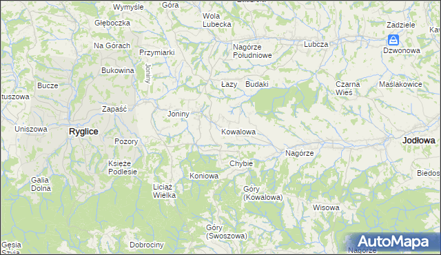 mapa Kowalowa gmina Ryglice, Kowalowa gmina Ryglice na mapie Targeo