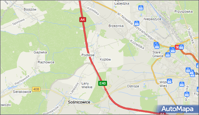 mapa Kozłów gmina Sośnicowice, Kozłów gmina Sośnicowice na mapie Targeo