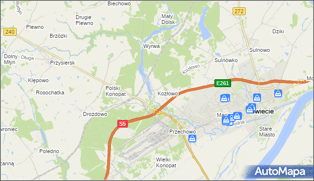 mapa Kozłowo gmina Świecie, Kozłowo gmina Świecie na mapie Targeo