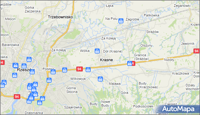 mapa Krasne powiat rzeszowski, Krasne powiat rzeszowski na mapie Targeo