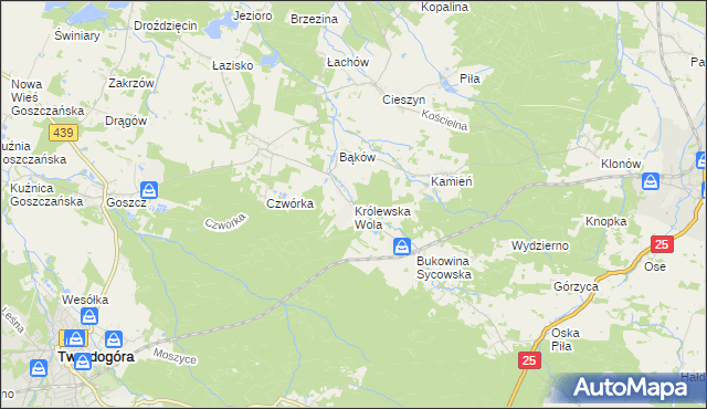 mapa Królewska Wola gmina Międzybórz, Królewska Wola gmina Międzybórz na mapie Targeo