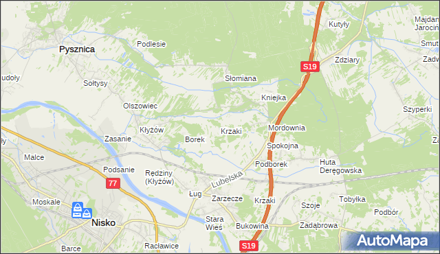 mapa Krzaki gmina Pysznica, Krzaki gmina Pysznica na mapie Targeo