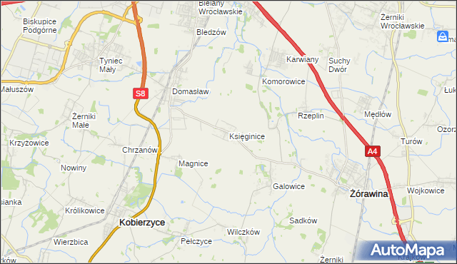 mapa Księginice gmina Kobierzyce, Księginice gmina Kobierzyce na mapie Targeo