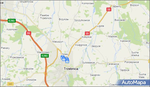 mapa Księginice gmina Trzebnica, Księginice gmina Trzebnica na mapie Targeo