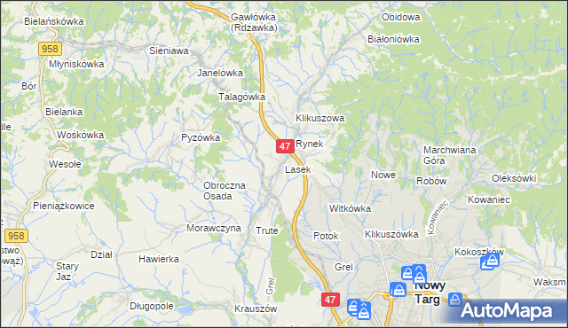 mapa Lasek gmina Nowy Targ, Lasek gmina Nowy Targ na mapie Targeo