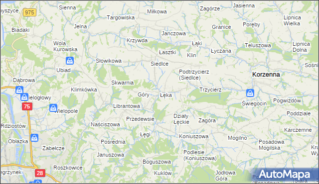 mapa Łęka gmina Korzenna, Łęka gmina Korzenna na mapie Targeo