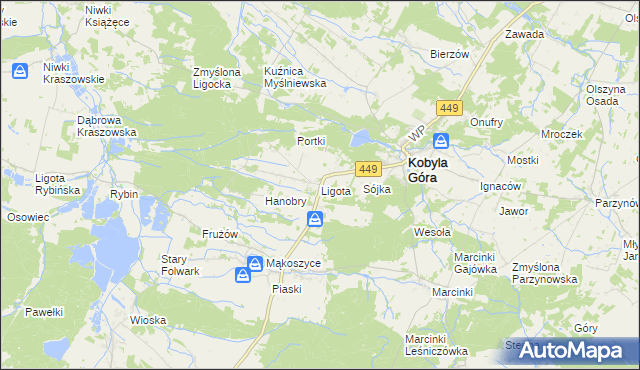 mapa Ligota gmina Kobyla Góra, Ligota gmina Kobyla Góra na mapie Targeo