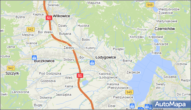 mapa Łodygowice powiat żywiecki, Łodygowice powiat żywiecki na mapie Targeo