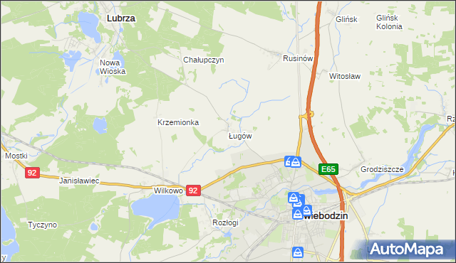 mapa Ługów gmina Świebodzin, Ługów gmina Świebodzin na mapie Targeo