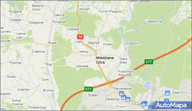 mapa Miedziana Góra powiat kielecki, Miedziana Góra powiat kielecki na mapie Targeo