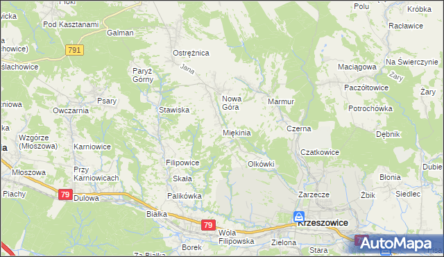 mapa Miękinia gmina Krzeszowice, Miękinia gmina Krzeszowice na mapie Targeo