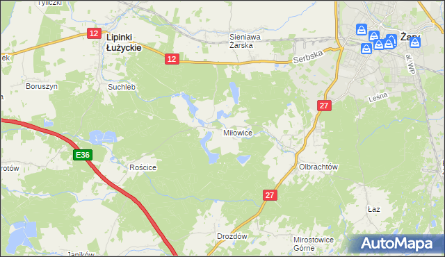 mapa Miłowice gmina Żary, Miłowice gmina Żary na mapie Targeo