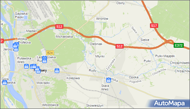 mapa Młynki gmina Końskowola, Młynki gmina Końskowola na mapie Targeo