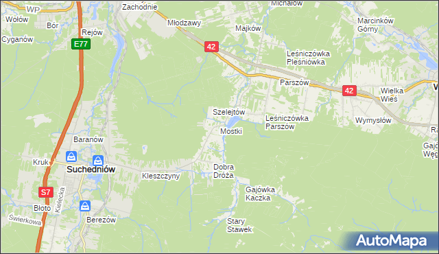 mapa Mostki gmina Suchedniów, Mostki gmina Suchedniów na mapie Targeo