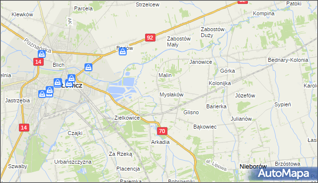 mapa Mysłaków gmina Nieborów, Mysłaków gmina Nieborów na mapie Targeo