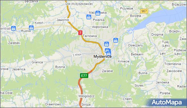 mapa Myślenice, Myślenice na mapie Targeo