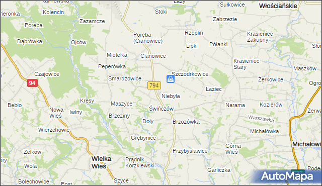 mapa Niebyła gmina Skała, Niebyła gmina Skała na mapie Targeo