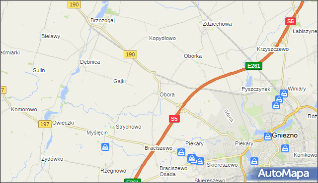 mapa Obora gmina Gniezno, Obora gmina Gniezno na mapie Targeo