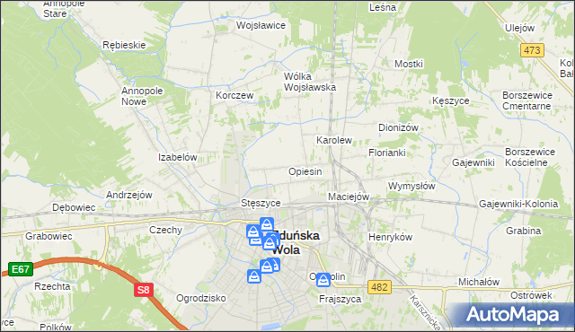 mapa Opiesin gmina Zduńska Wola, Opiesin gmina Zduńska Wola na mapie Targeo