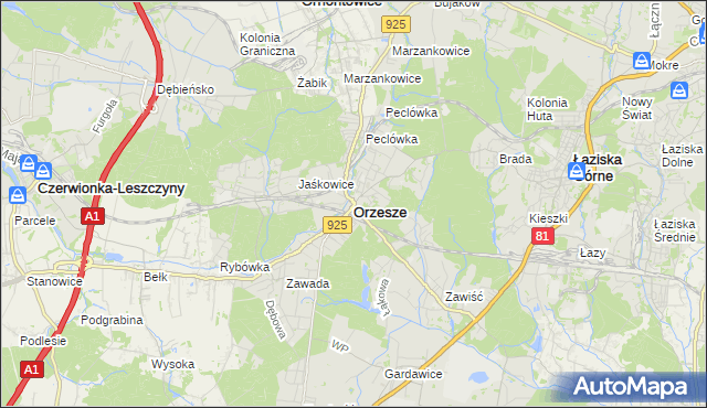 mapa Orzesze powiat mikołowski, Orzesze powiat mikołowski na mapie Targeo