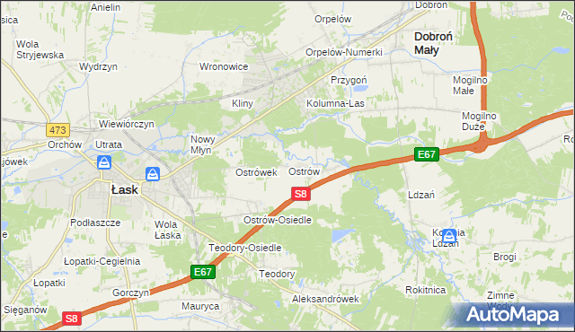 mapa Ostrów gmina Łask, Ostrów gmina Łask na mapie Targeo