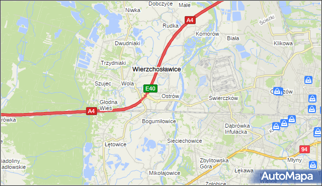 mapa Ostrów gmina Wierzchosławice, Ostrów gmina Wierzchosławice na mapie Targeo