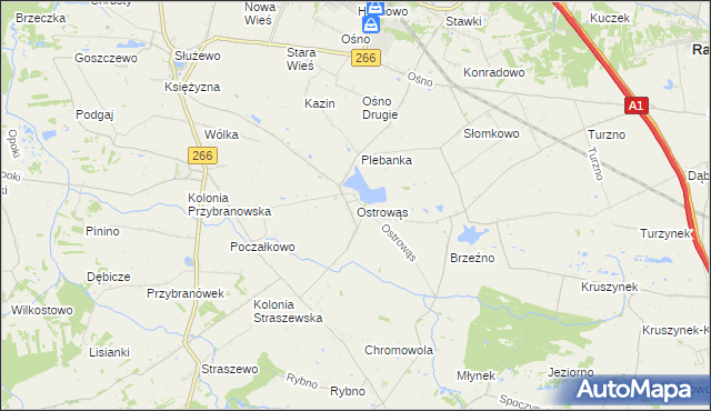 mapa Ostrowąs gmina Aleksandrów Kujawski, Ostrowąs gmina Aleksandrów Kujawski na mapie Targeo