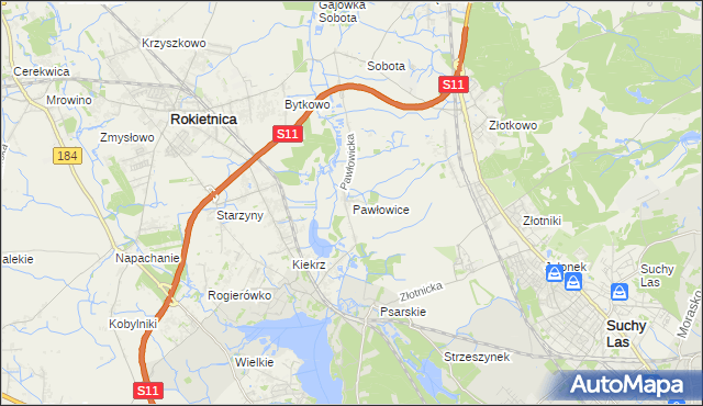 mapa Pawłowice gmina Rokietnica, Pawłowice gmina Rokietnica na mapie Targeo