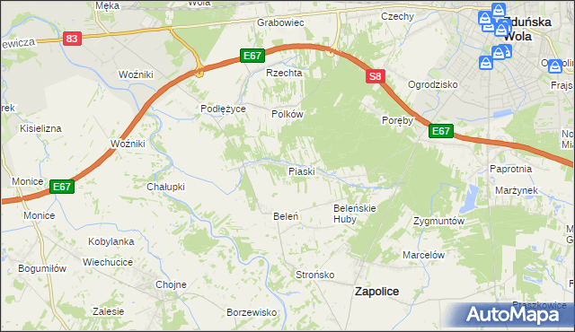 mapa Piaski gmina Zduńska Wola, Piaski gmina Zduńska Wola na mapie Targeo