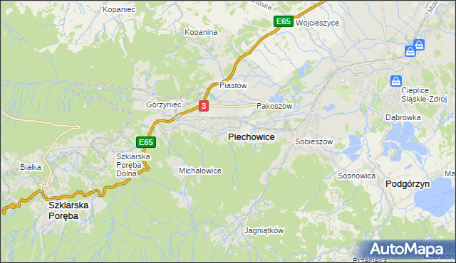 mapa Piechowice powiat jeleniogórski, Piechowice powiat jeleniogórski na mapie Targeo