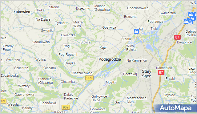 mapa Podegrodzie powiat nowosądecki, Podegrodzie powiat nowosądecki na mapie Targeo
