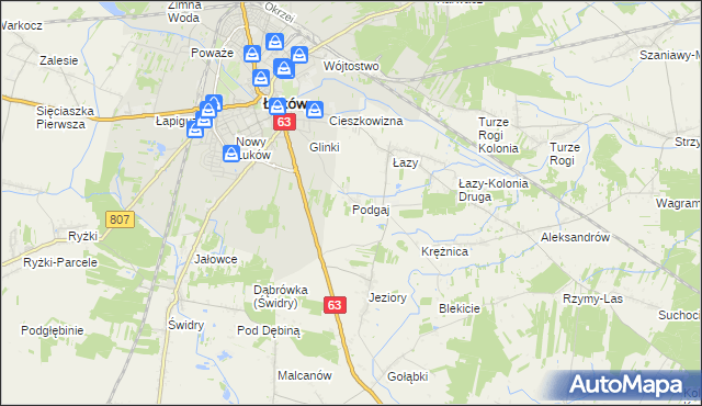 mapa Podgaj gmina Łuków, Podgaj gmina Łuków na mapie Targeo