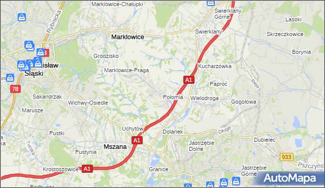 mapa Połomia gmina Mszana, Połomia gmina Mszana na mapie Targeo