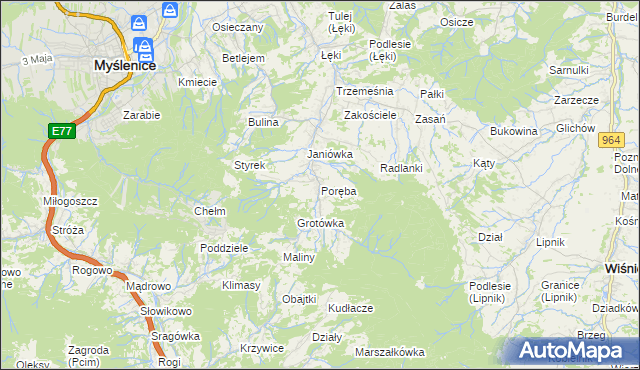mapa Poręba gmina Myślenice, Poręba gmina Myślenice na mapie Targeo
