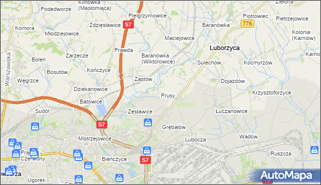 mapa Prusy gmina Kocmyrzów-Luborzyca, Prusy gmina Kocmyrzów-Luborzyca na mapie Targeo