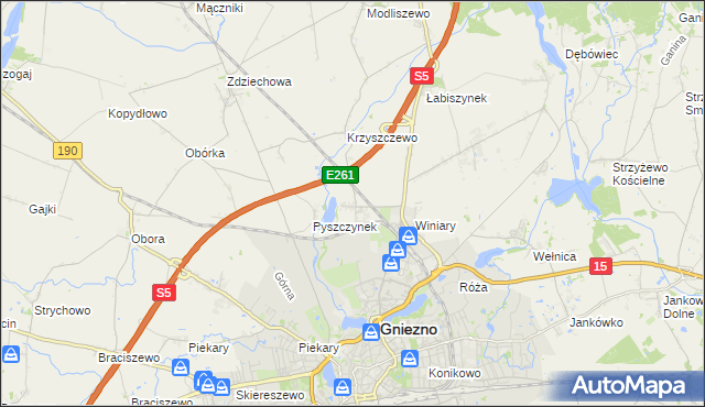 mapa Pyszczyn gmina Gniezno, Pyszczyn gmina Gniezno na mapie Targeo
