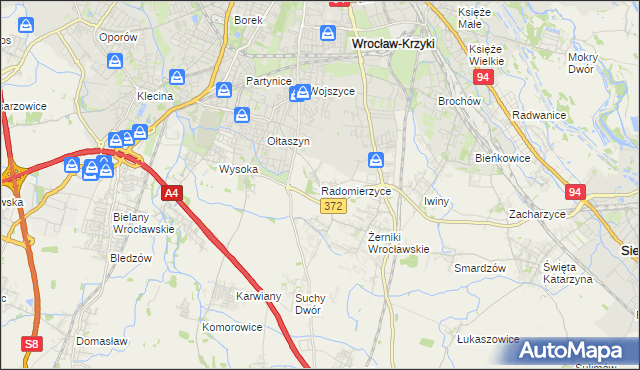 mapa Radomierzyce gmina Siechnice, Radomierzyce gmina Siechnice na mapie Targeo