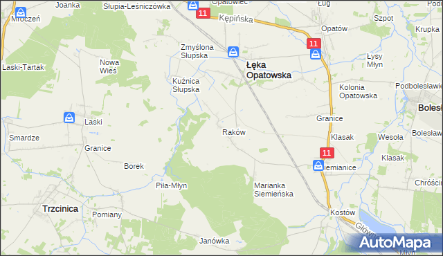 mapa Raków gmina Łęka Opatowska, Raków gmina Łęka Opatowska na mapie Targeo