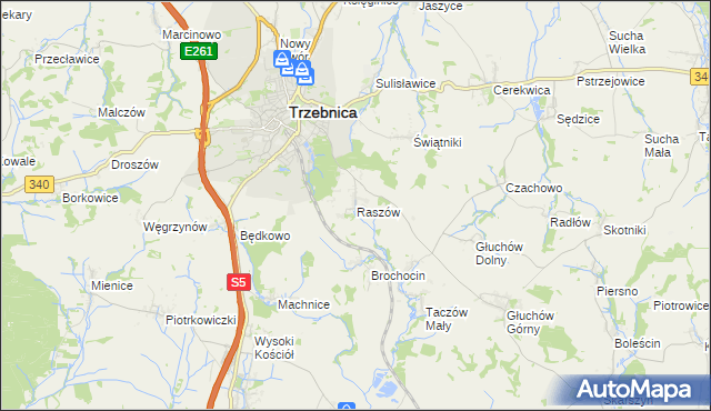 mapa Raszów gmina Trzebnica, Raszów gmina Trzebnica na mapie Targeo