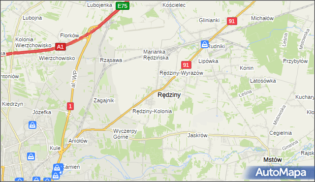 mapa Rędziny powiat częstochowski, Rędziny powiat częstochowski na mapie Targeo