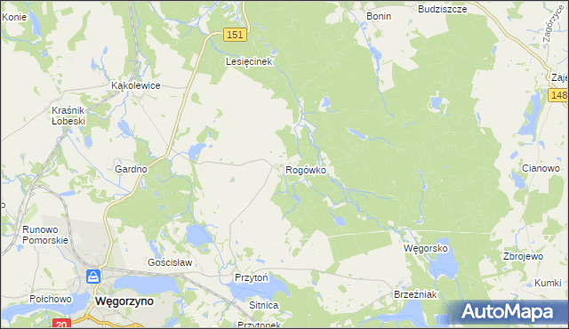 mapa Rogówko gmina Węgorzyno, Rogówko gmina Węgorzyno na mapie Targeo