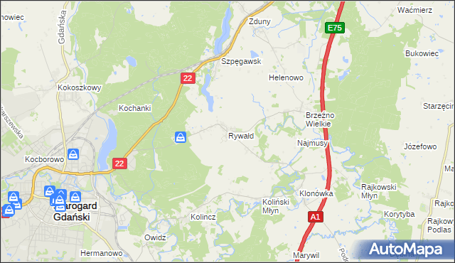 mapa Rywałd gmina Starogard Gdański, Rywałd gmina Starogard Gdański na mapie Targeo