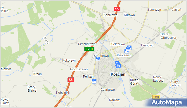 mapa Sierakowo gmina Kościan, Sierakowo gmina Kościan na mapie Targeo