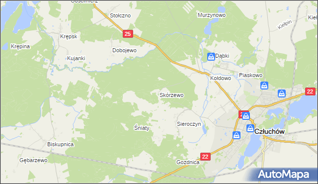 mapa Skórzewo gmina Człuchów, Skórzewo gmina Człuchów na mapie Targeo