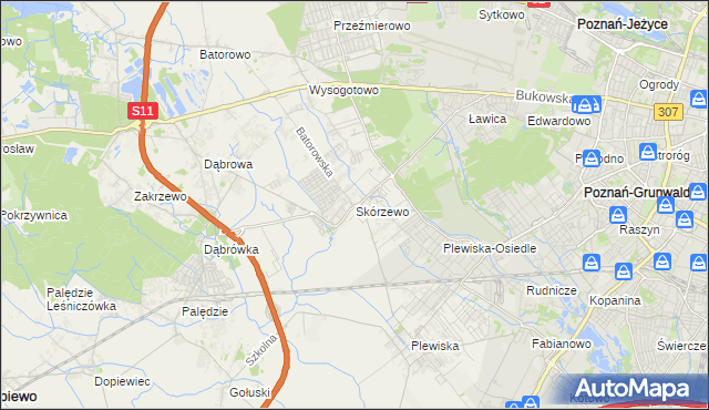 mapa Skórzewo gmina Dopiewo, Skórzewo gmina Dopiewo na mapie Targeo