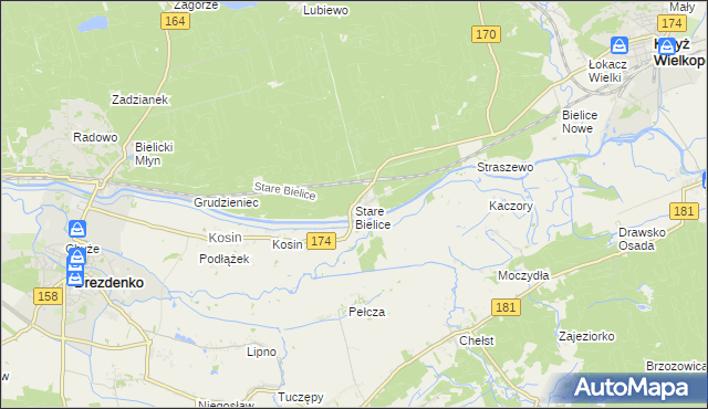 mapa Stare Bielice gmina Drezdenko, Stare Bielice gmina Drezdenko na mapie Targeo