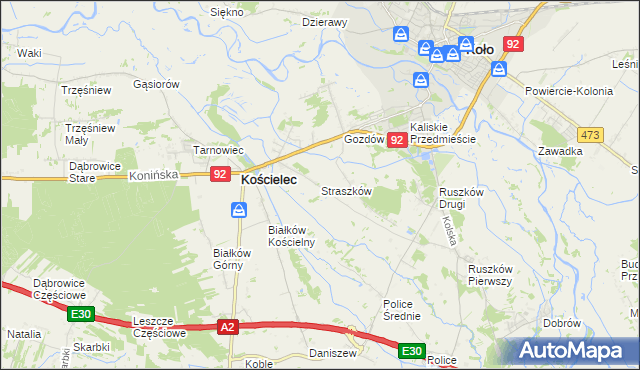 mapa Straszków gmina Kościelec, Straszków gmina Kościelec na mapie Targeo