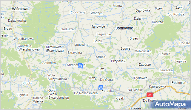 mapa Stróża gmina Dobra, Stróża gmina Dobra na mapie Targeo